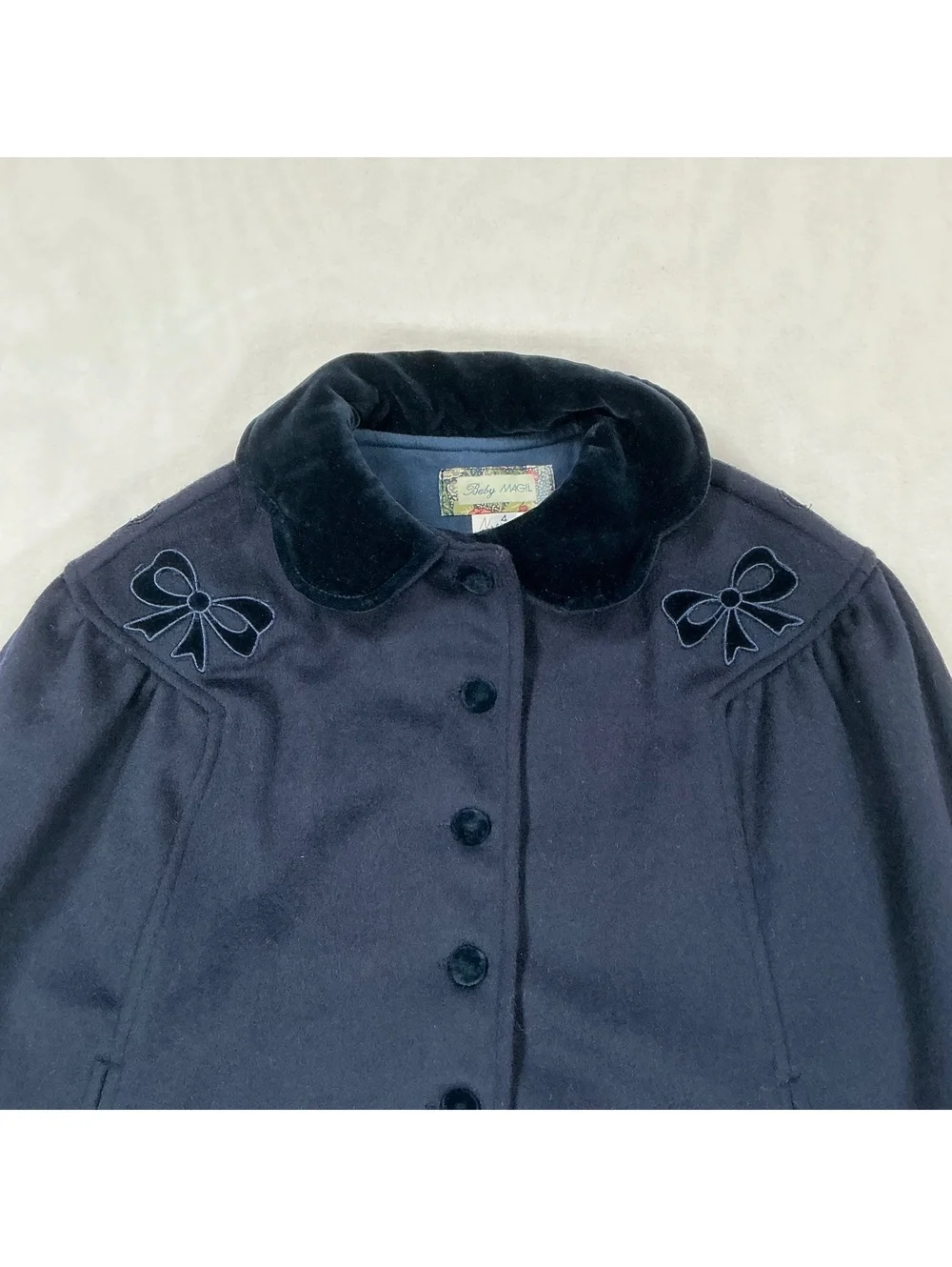 Baby Magil Navy Blue Wool Blend Cape Coat with Velvet Collar and Bow Detail Size